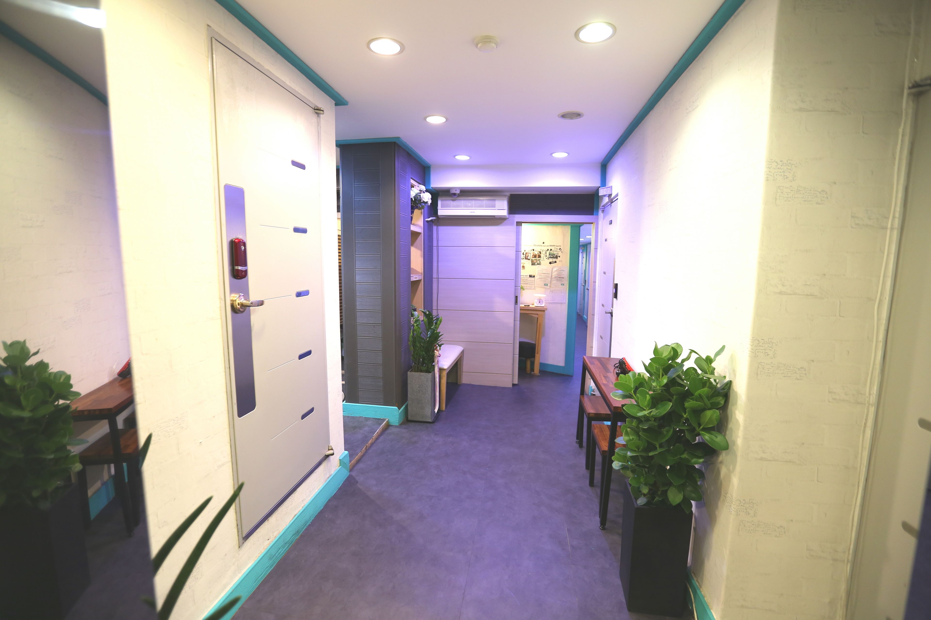 Un couloir avec un tapis violet, une porte à gauche, un banc et une table avec une plante à droite.