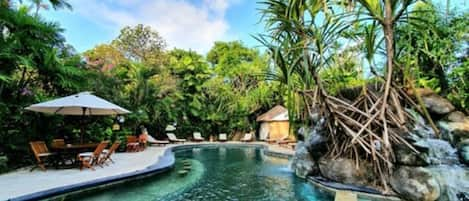 Outdoor pool, sun loungers