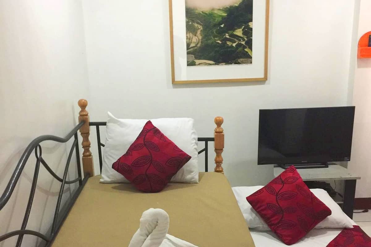 A single bed with a wooden headboard, a TV stand with a flat-screen TV, and a framed landscape painting on the wall.