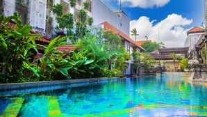 Una piscina con borde de baldosas, rodeada de exuberante vegetación y edificios con techos de tejas rojas.