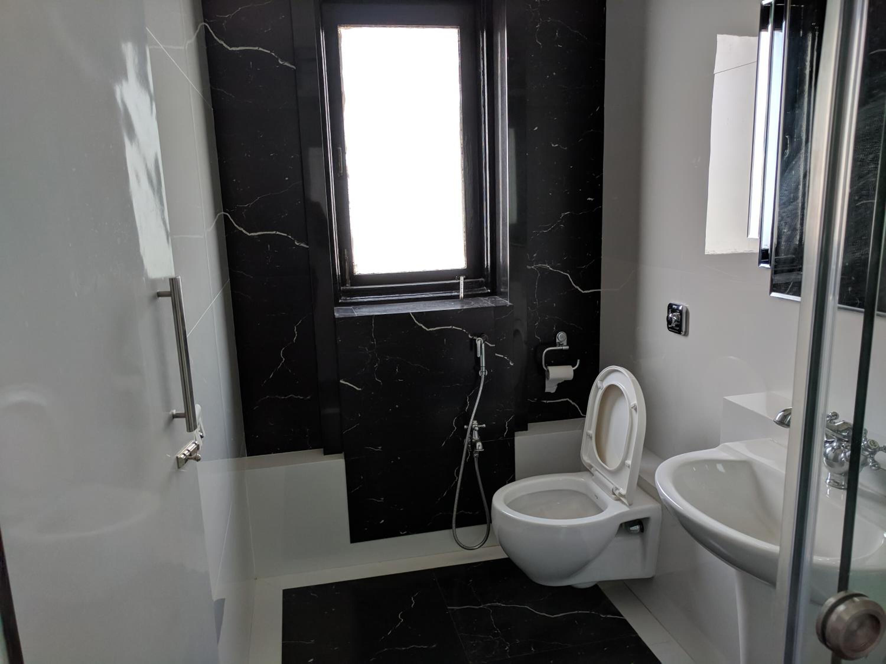 A bathroom with a black marble wall, a white toilet, a bidet, and a glass shower enclosure.