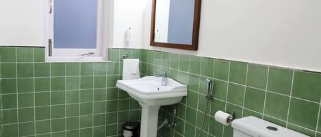 A bathroom with a toilet, sink, and window.