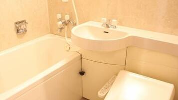 Combined shower/tub, hair dryer, slippers, electronic bidet