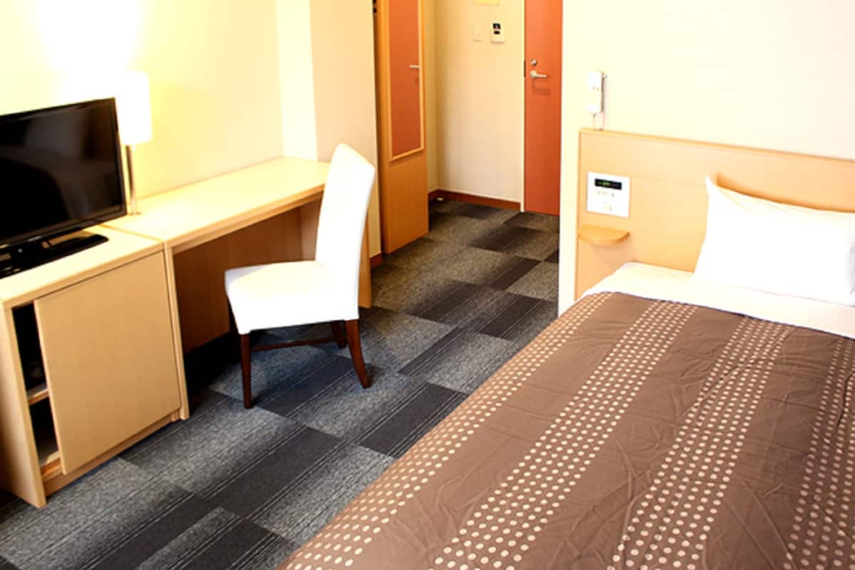 A hotel room with a bed, a desk, a chair, a television, and a door.
