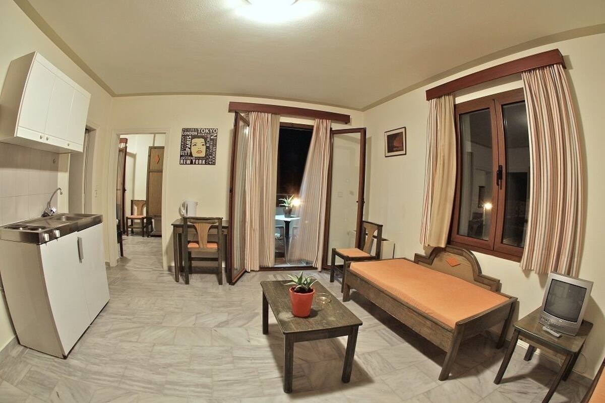 A compact living space with a kitchenette, a sofa, a TV, and a dining area.