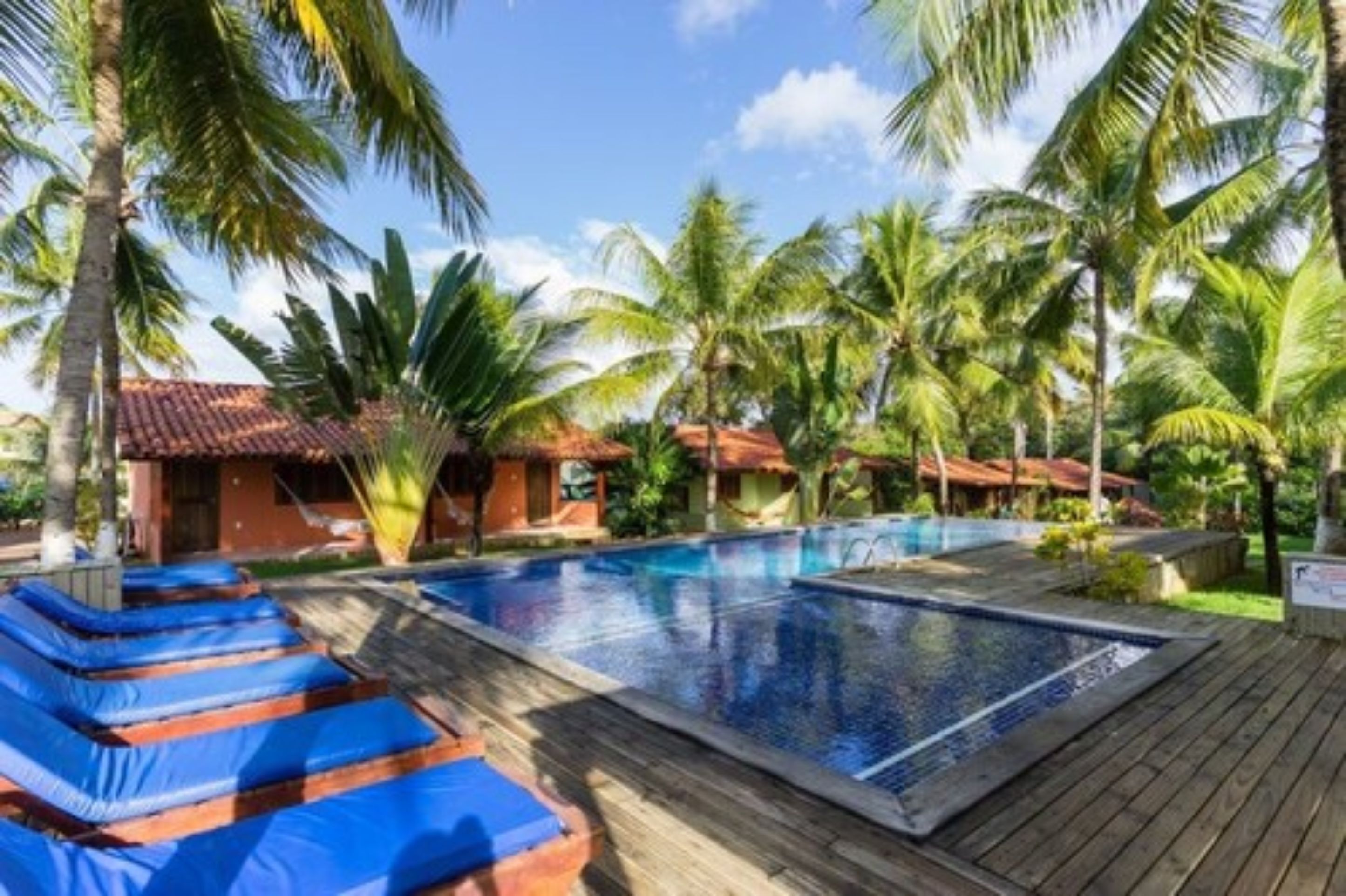 Área de piscina com espreguiçadeiras azuis, palmeiras e um deck de madeira.