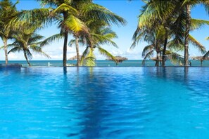 Une piscine d’eau cristalline, entourée de palmiers, avec une vue imprenable sur l’océan.