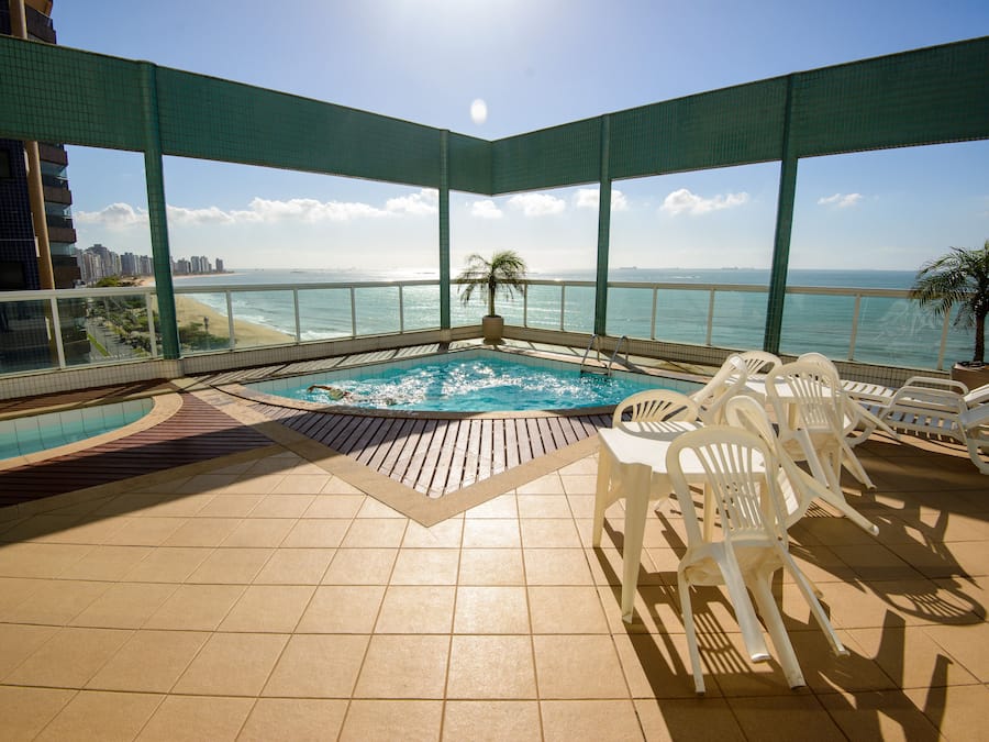 Outdoor pool, pool umbrellas, pool loungers