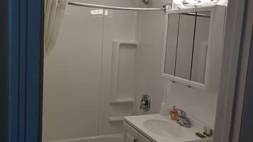 Een badkamer met een bad, een douche, een wastafel en een toilet.