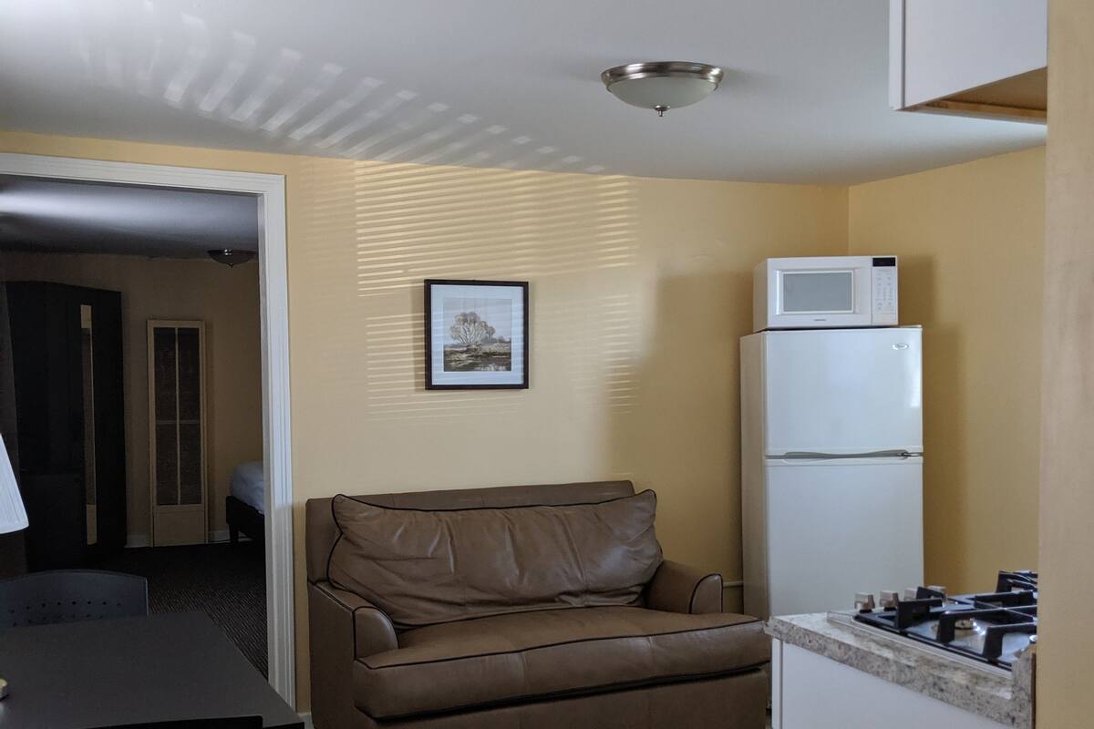 A compact kitchen with a brown leather sofa, a white refrigerator, a microwave, and a gas stove.