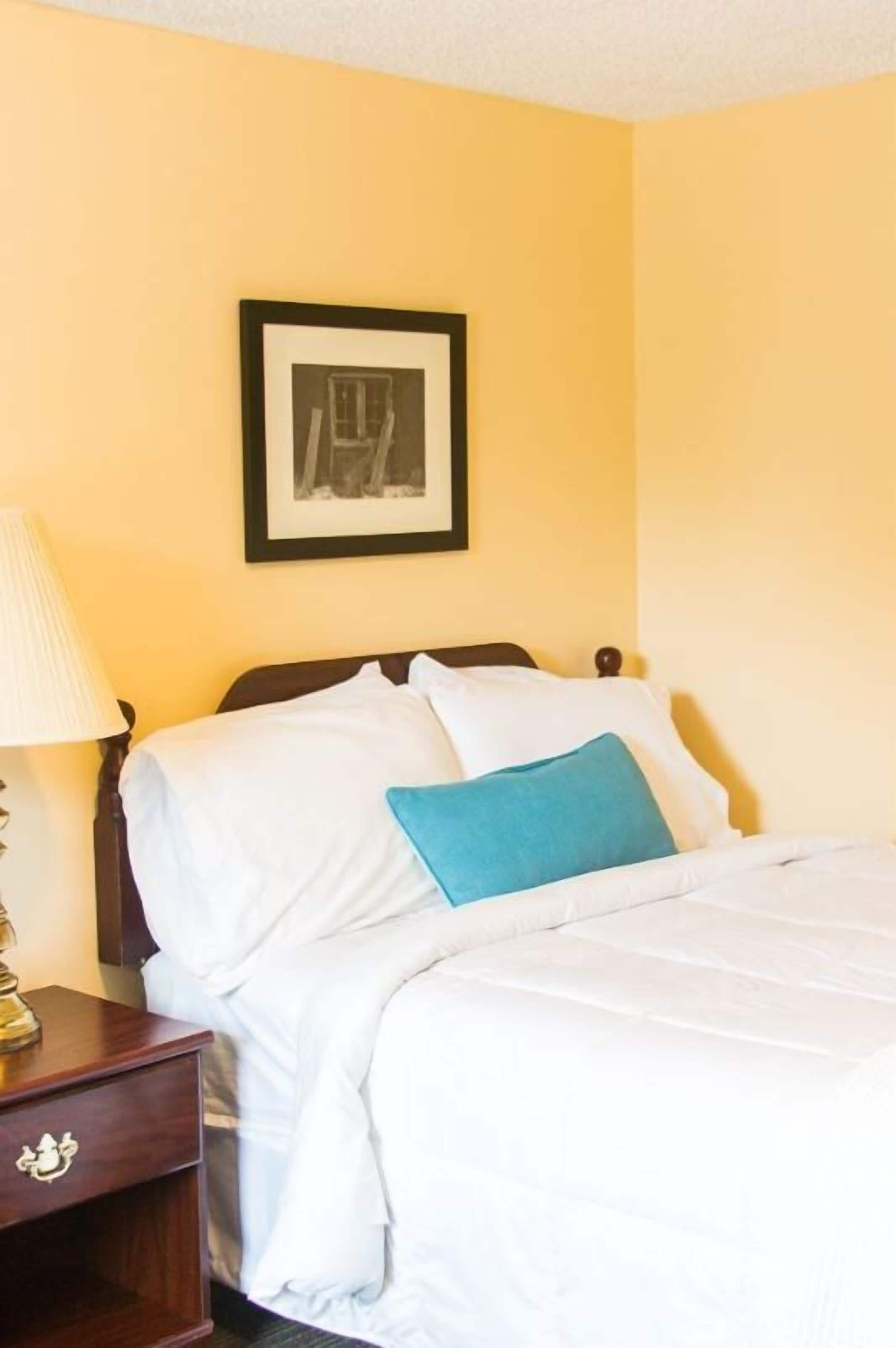 A neatly made bed with white and blue pillows, a framed picture on the wall, and a bedside lamp on a wooden nightstand.