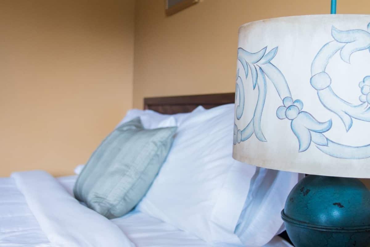 A bed with a blue pillow and a lamp with a floral design.