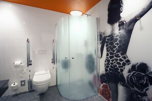 Shower, rainfall showerhead, eco-friendly toiletries, hair dryer