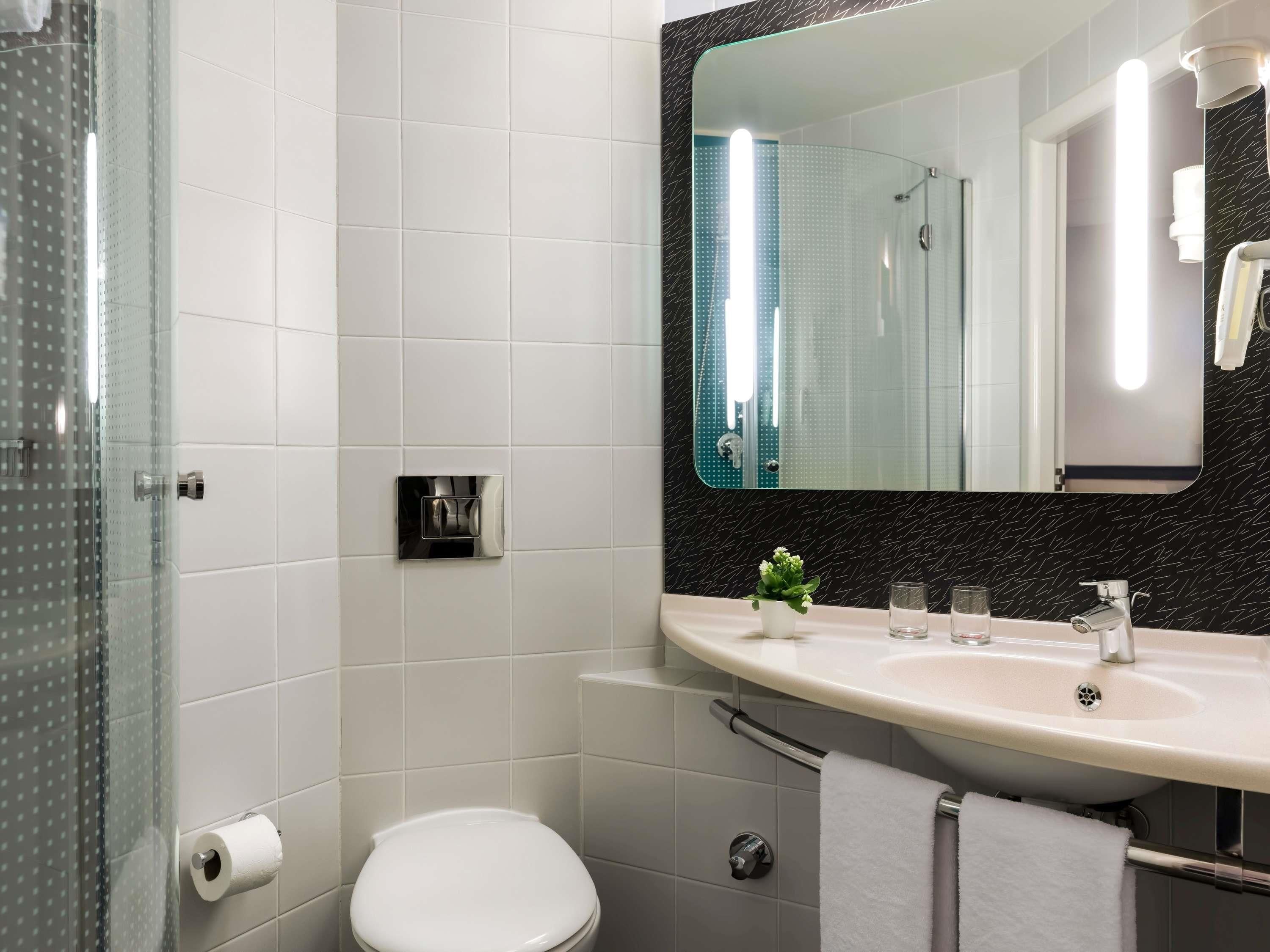 A modern bathroom with a glass shower enclosure, a toilet, a sink with a mirror above it, and a small potted plant on the sink counter.