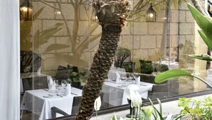 An indoor dining area with tables set for a meal, surrounded by glass walls and various plants. - Hotel Rural Finca Salamanca (Güímar)