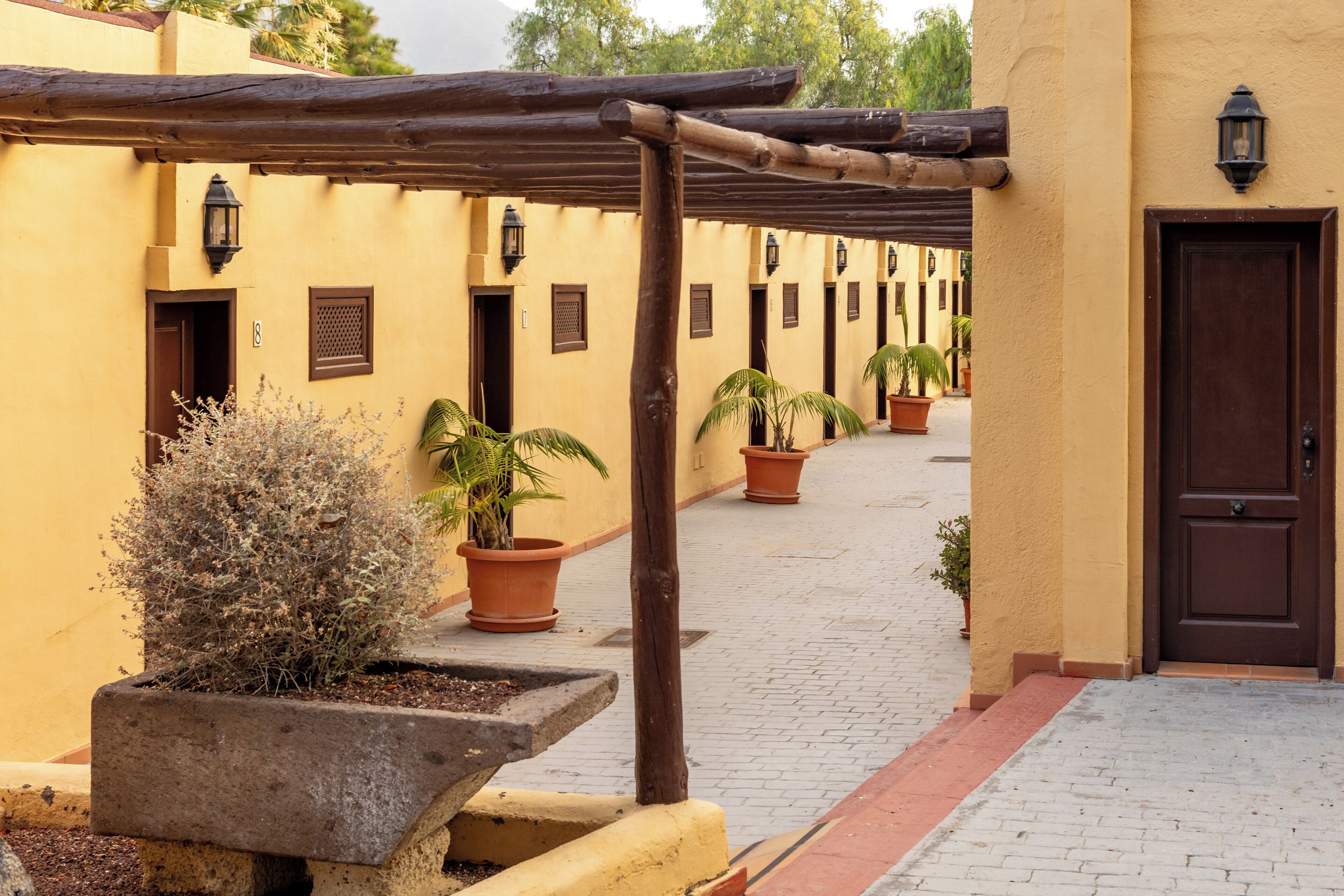 Ein Innenhof mit einer Holz-Pergola, Blumentöpfen und einer Tür.