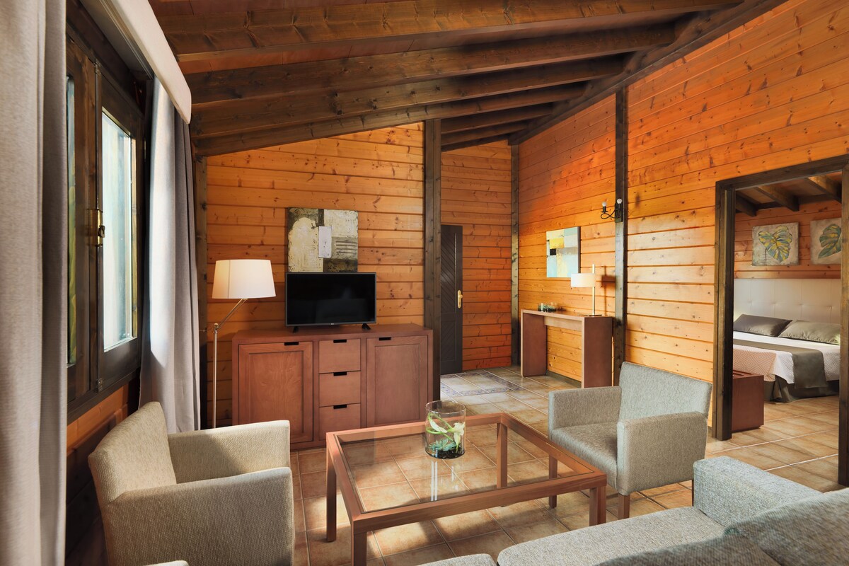 A cozy cabin-style room with a wooden interior, a television on a cabinet, a glass-top coffee table, and a sofa.