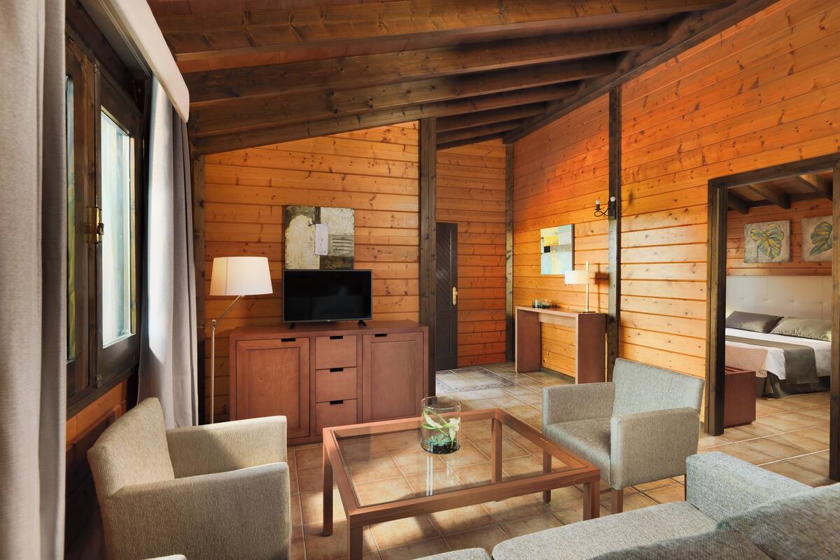 Une pièce confortable, aménagée comme un chalet, avec un intérieur en bois, un téléviseur posé sur un meuble, une table basse en verre et un canapé.