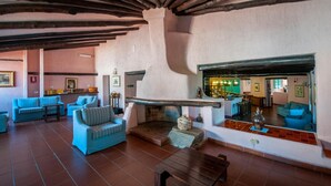 A spacious living area with a fireplace, sofas, and a kitchen visible through an open doorway. - Hotel Scintilla (San Teodoro)