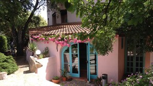 A small building with a tiled roof, a blue door, and pink flowers. - Hotel Scintilla (San Teodoro)