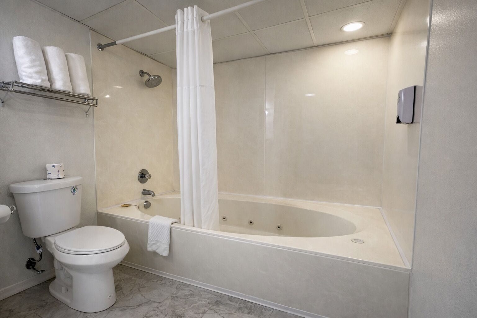 Een badkamer met een toilet, een bad en een douche.