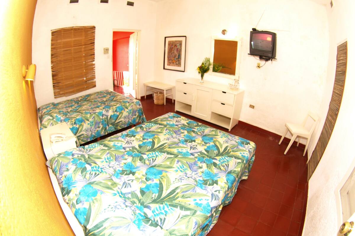 A room with two beds, a desk, a chair, a television, and a window.
