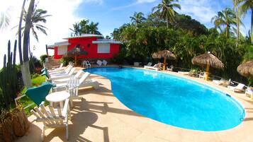 Outdoor pool, sun loungers