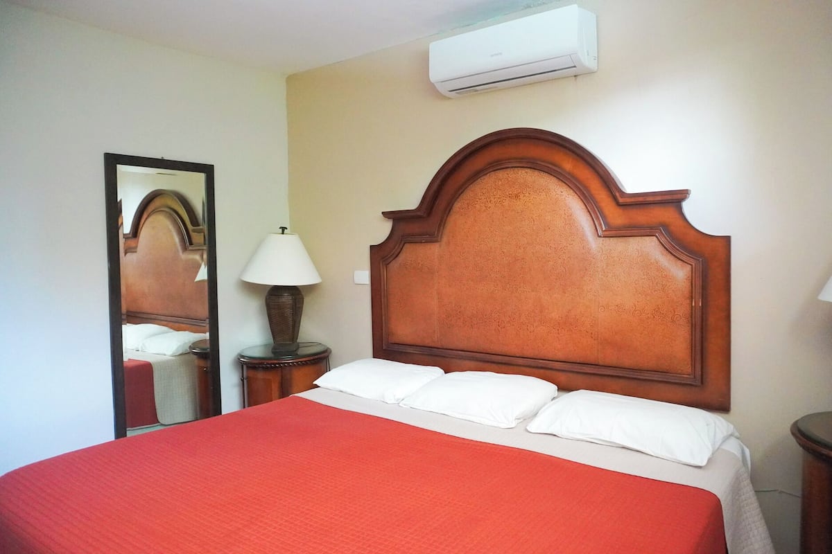Habitación de hotel con una cama grande, cabecera de madera, lámpara de noche, espejo y aire acondicionado.