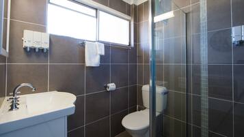 A modern bathroom with a white sink, a toilet, and a glass shower enclosure.
