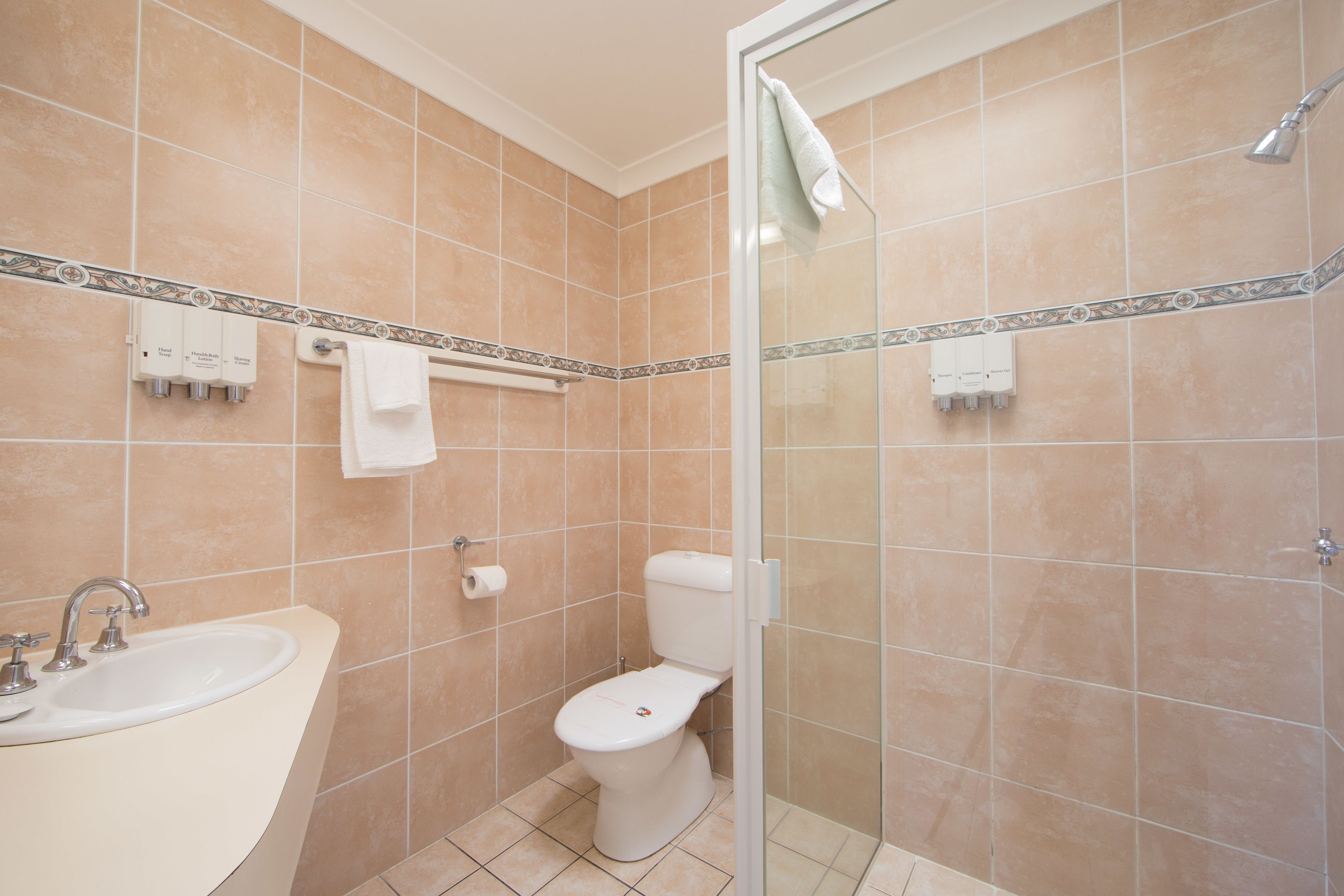 Een badkamer met een wastafel, toilet en douche.