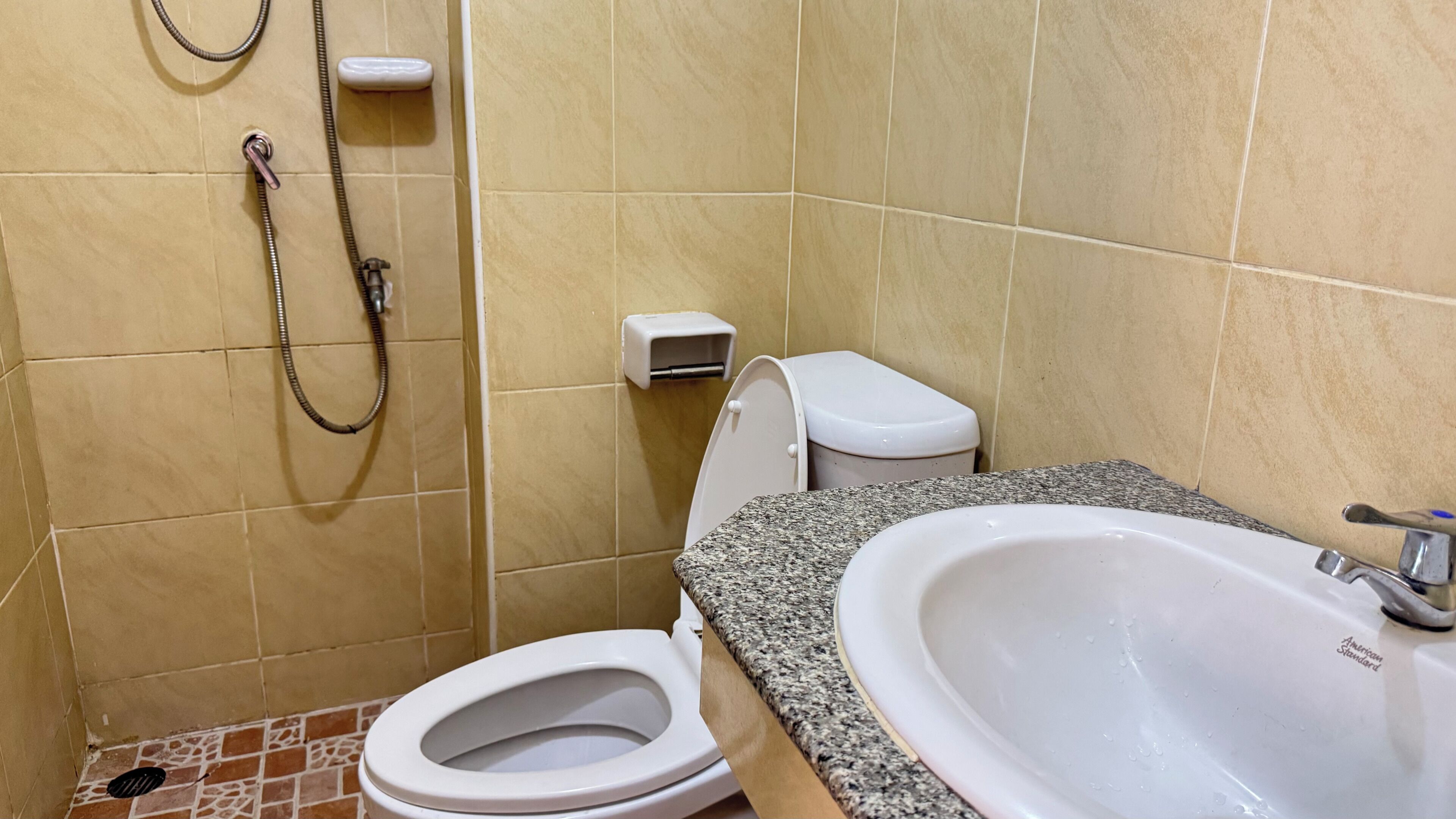 Ein Badezimmer mit Toilette, Waschbecken und Dusche.