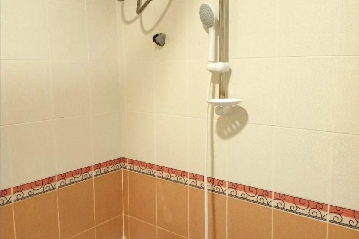 A shower with a handheld showerhead, a wall-mounted faucet, and a tiled floor with a decorative border.