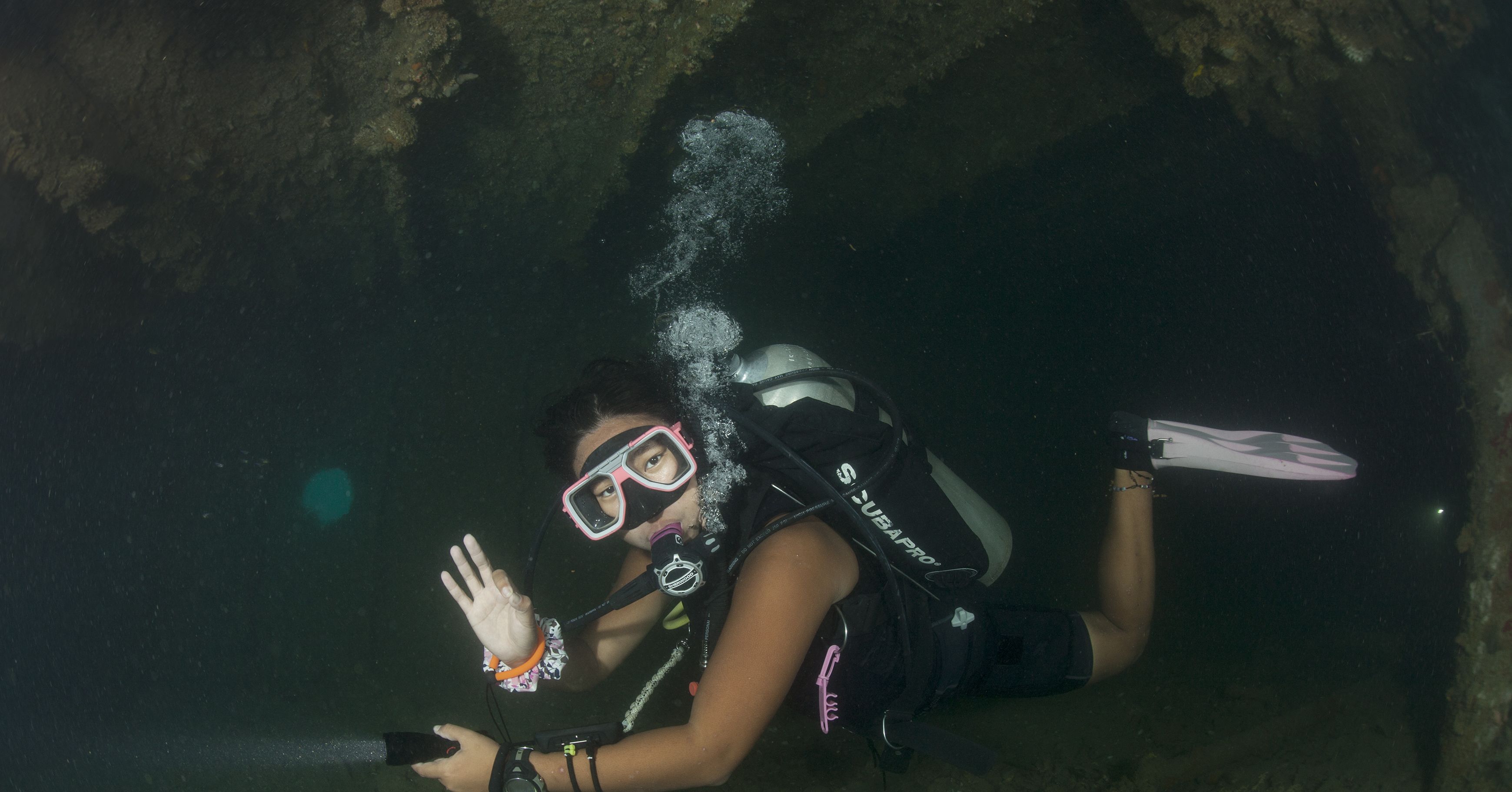 A diver underwater with a scuba mask and fins.