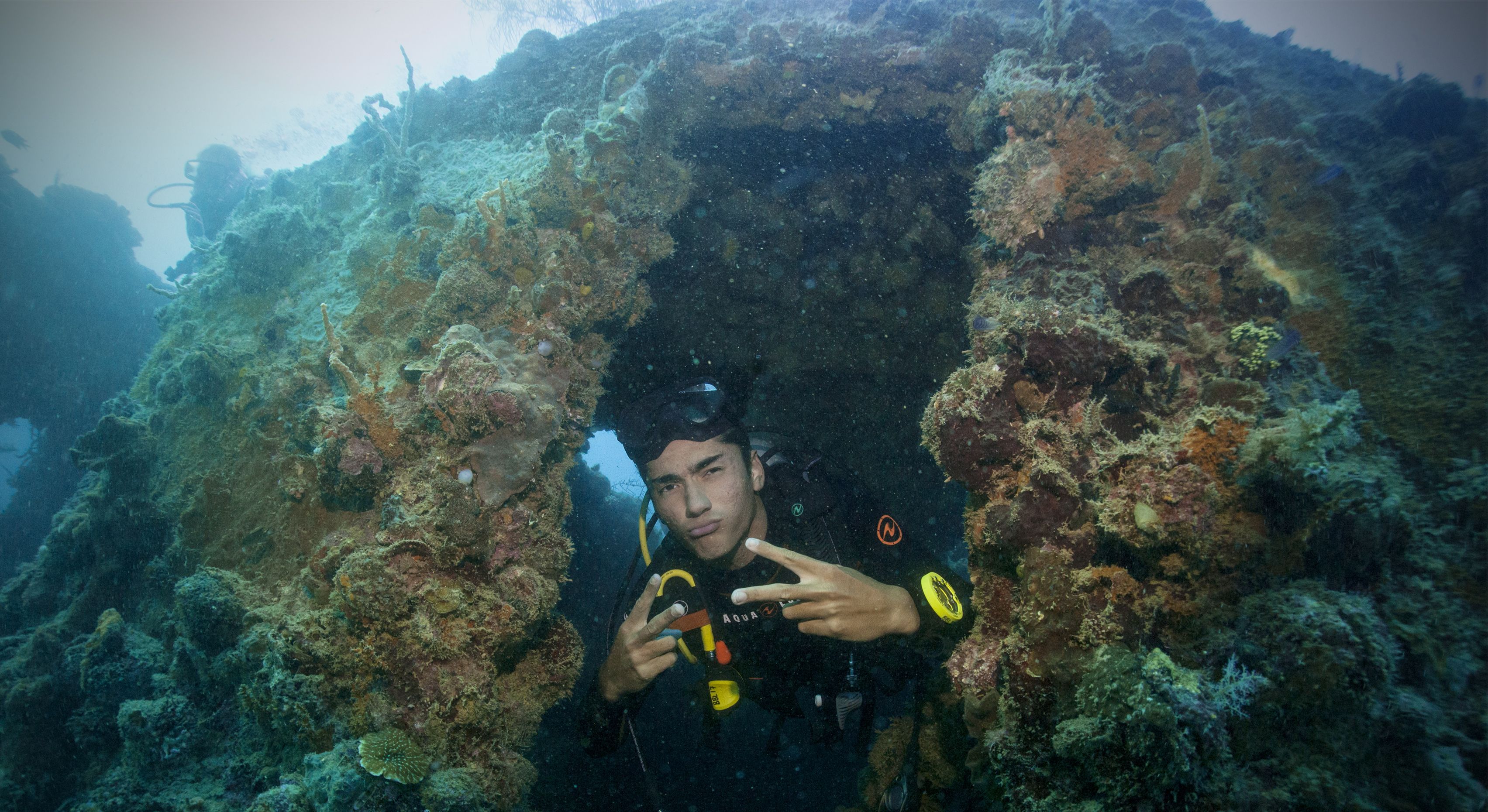 An underwater scene with a person in scuba gear holding a camera, surrounded by coral formations.