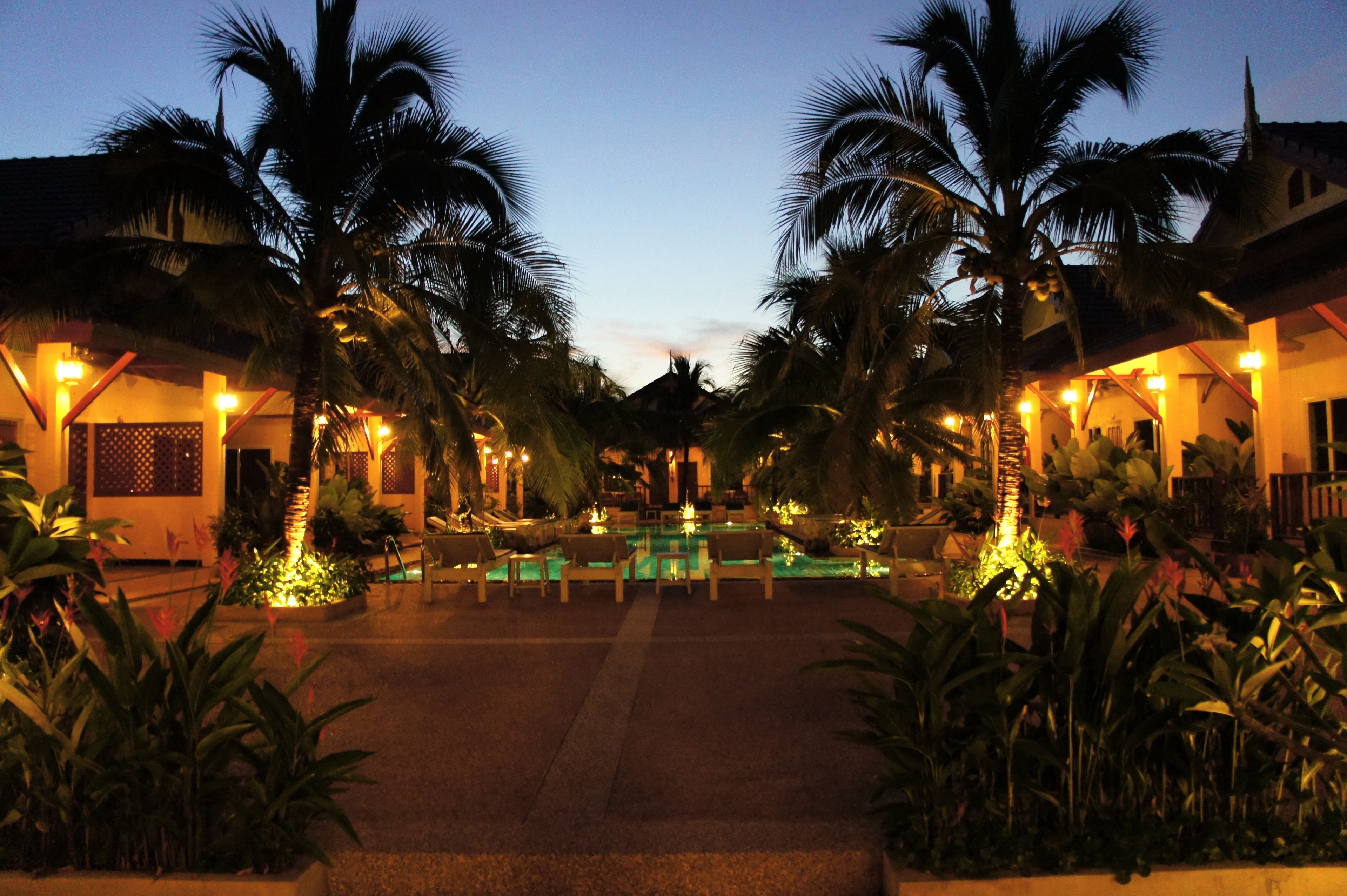 A resort pool area with lounge chairs and palm trees, surrounded by buildings with warm lighting.
