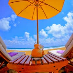 On the beach, sun-loungers, beach towels
