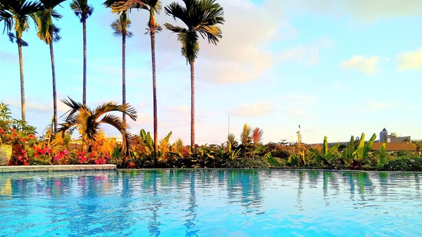 A swimming pool surrounded by palm trees and tropical plants. - Nipuri Hotel (Keroboken Kelod)