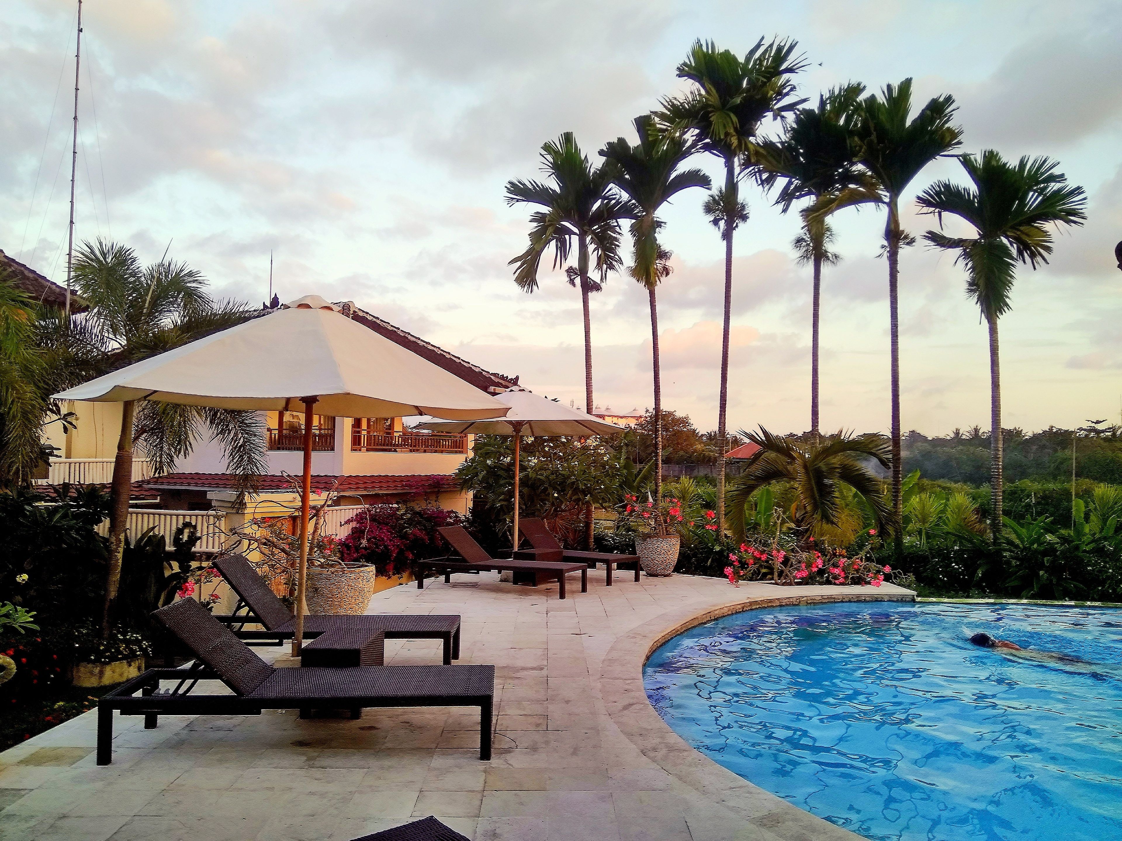 Una piscina al aire libre, sillones reclinables de piscina