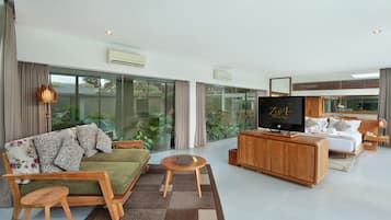 Villa, 1 Bedroom, Private Pool | Living area | 43-inch Smart TV with cable channels, TV, DVD player