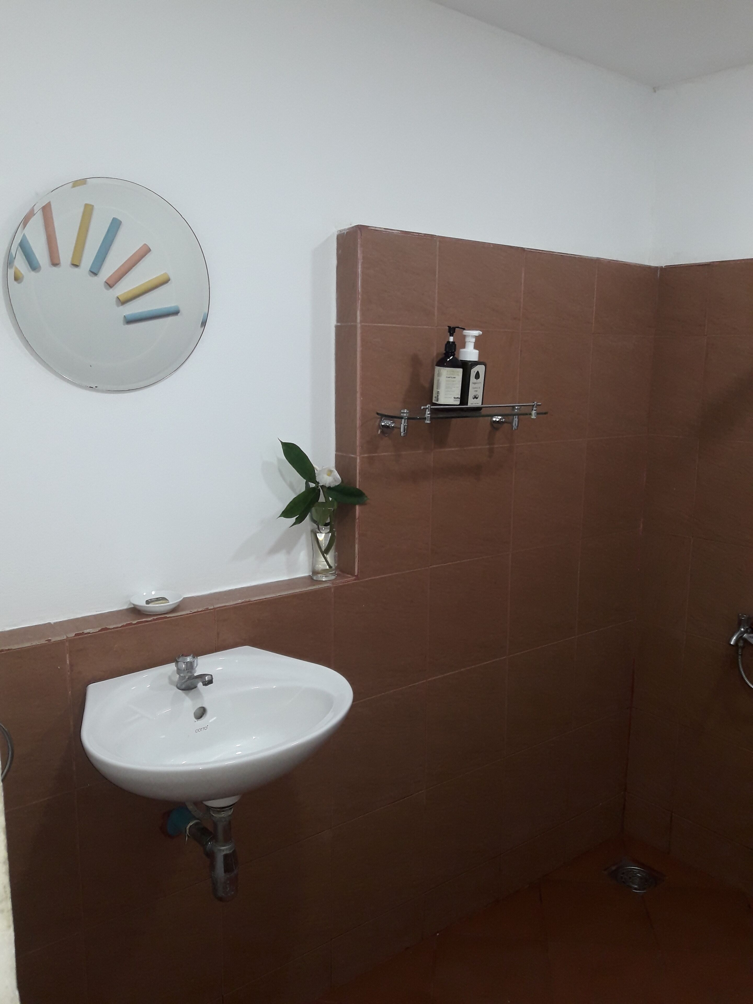 A bathroom with a sink, a mirror, a shower, and a shelf with toiletries.