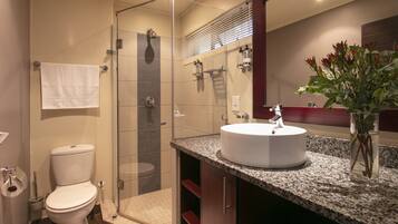 A modern bathroom with a glass-enclosed shower, a white sink, and a mirror above it.
