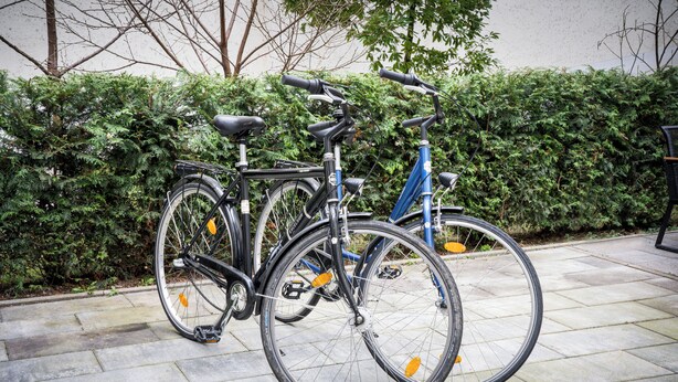 Twee fietsen staan geparkeerd op een verhard pad, met een haag op de achtergrond.