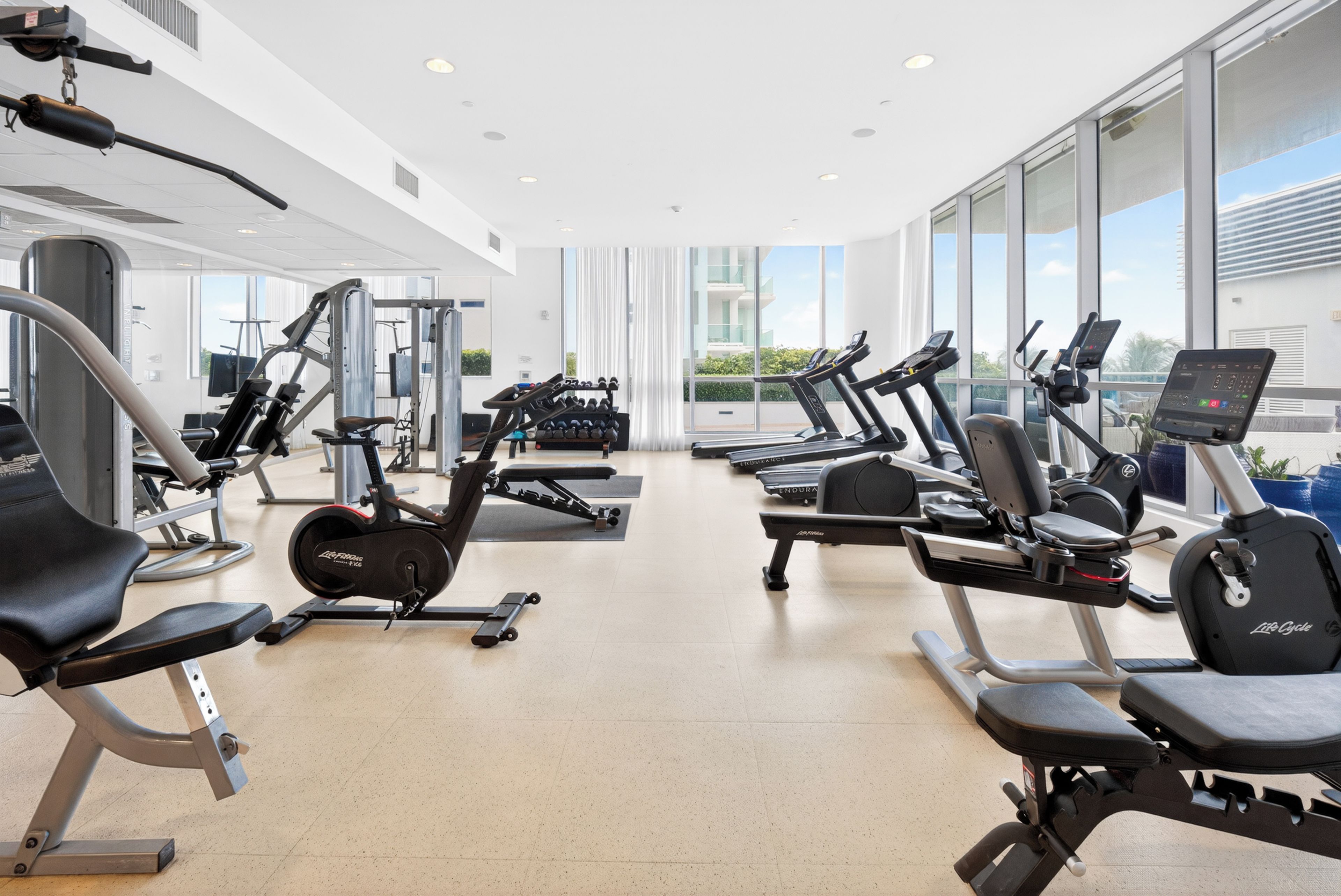 A modern gym with various exercise equipment, large windows, and a clean, spacious layout.