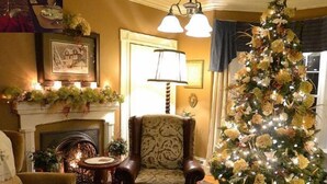 Een gezellige woonkamer met een open haard, een grote kerstboom en een comfortabele fauteuil.