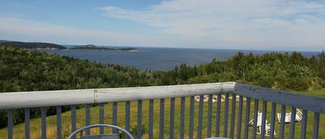 A deck with a view of the sea and forest.