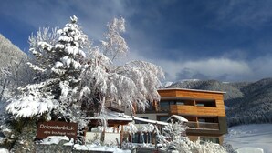 A modern hotel with a sign reading "Dolomitenblick alps boutique hotel," surrounded by snow-covered trees and mountains. - Hotel Dolomitenblick (Terento)