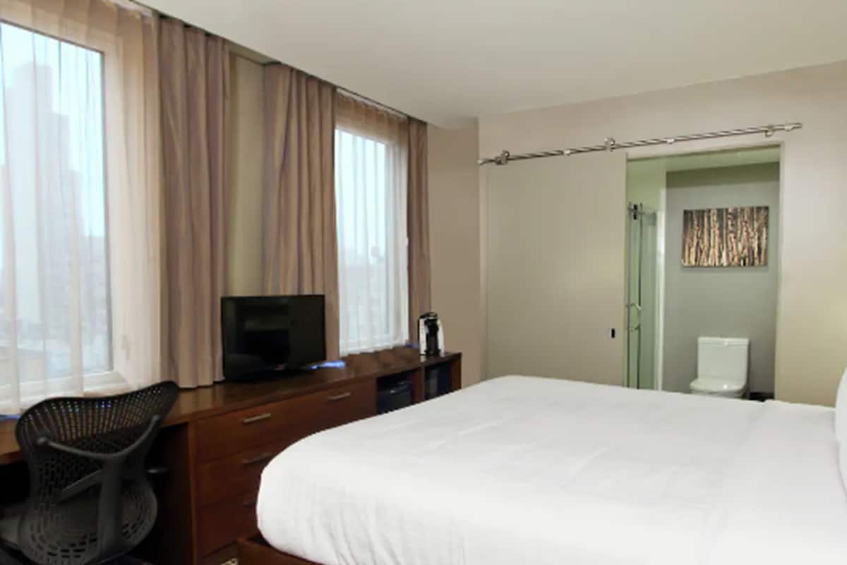Habitación de hotel con cama, escritorio con silla, televisor, baño con inodoro y zona de ducha.