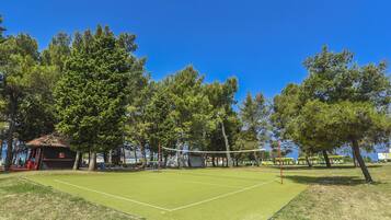 Ein Tennisplatz mit Netz, umgeben von Bäumen und einer kleinen Laube.