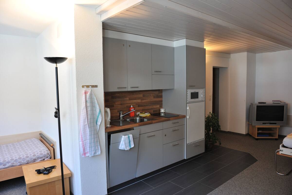 Une cuisine compacte équipée d’un four à micro-ondes, d’un évier et d’un plan de travail en bois. On y trouve également une petite télévision et une table de chevet avec une lampe.