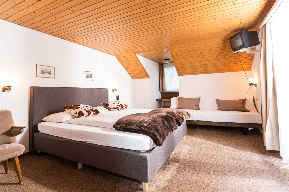 double or twin room, 2 single beds, balcony, mountain view | down duvets, individually decorated, desk, blackout curtains